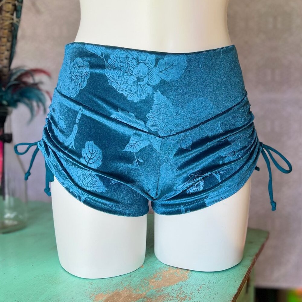 Embossed Flower Teal Velvet Cinch Shorts - New - Warrior Within Designs